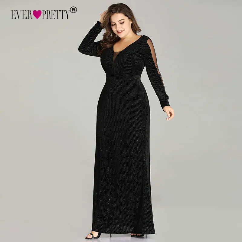 Günstig Plus Size Abendkleider Lange Immer Ziemlich EP07394 Elegante Sparkle Meerjungfrau V ausschnitt Samt Langarm Schwarz Hochzeit Gast Kleider