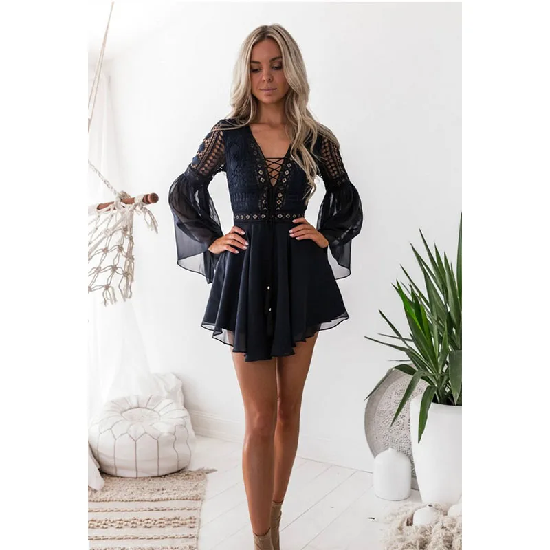 new Girls White Summer Bohemian Mini Dress Women Fashion Spring Solid White Mini Lace Casual Clothes V-neck Long Sleeve Dresses