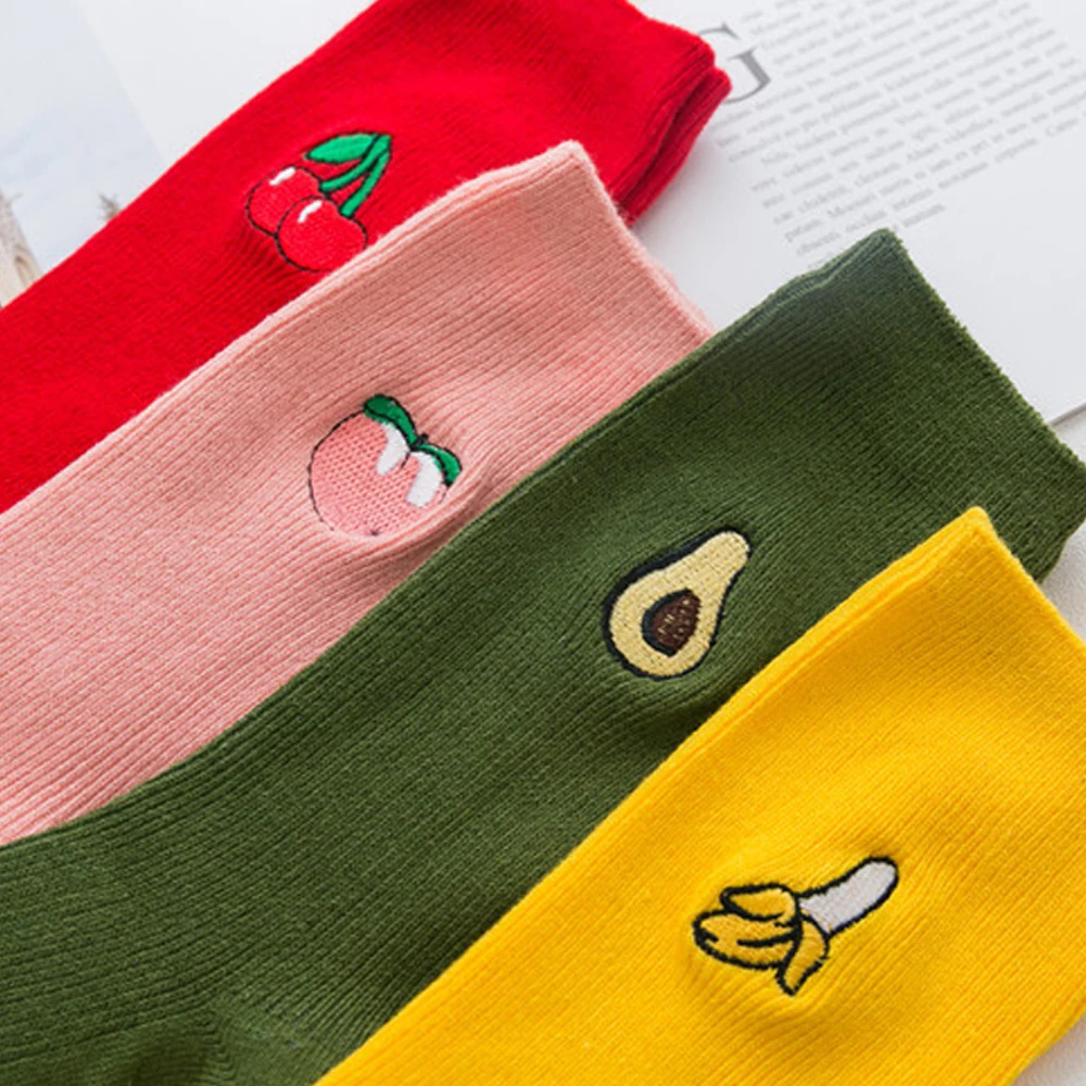 

Warm Cotton Cute Fruit Print Women's Socks Retro Embroidery Long Colorful Funny Socks Winter Pure Color Gifts For Women Girls