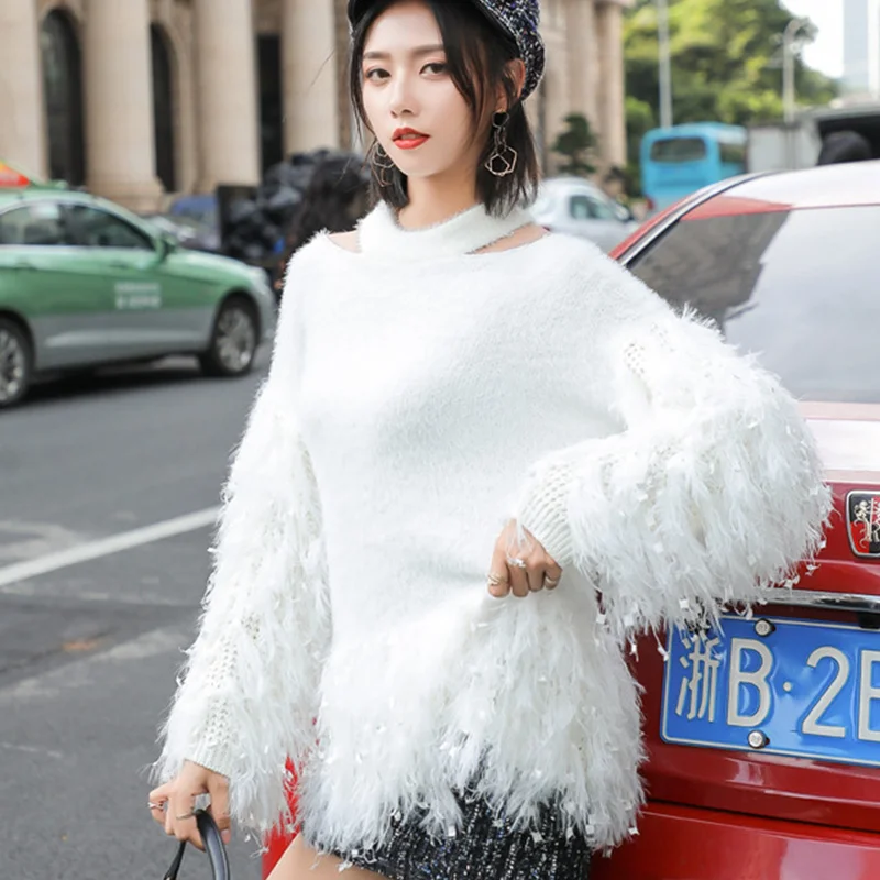 Halterneck Cute Knitted Sweater Women 2018 Autumn Winter Tops Mohair Patchwork Puff Sleeve Tassel Off Shoulder Pullover Women 