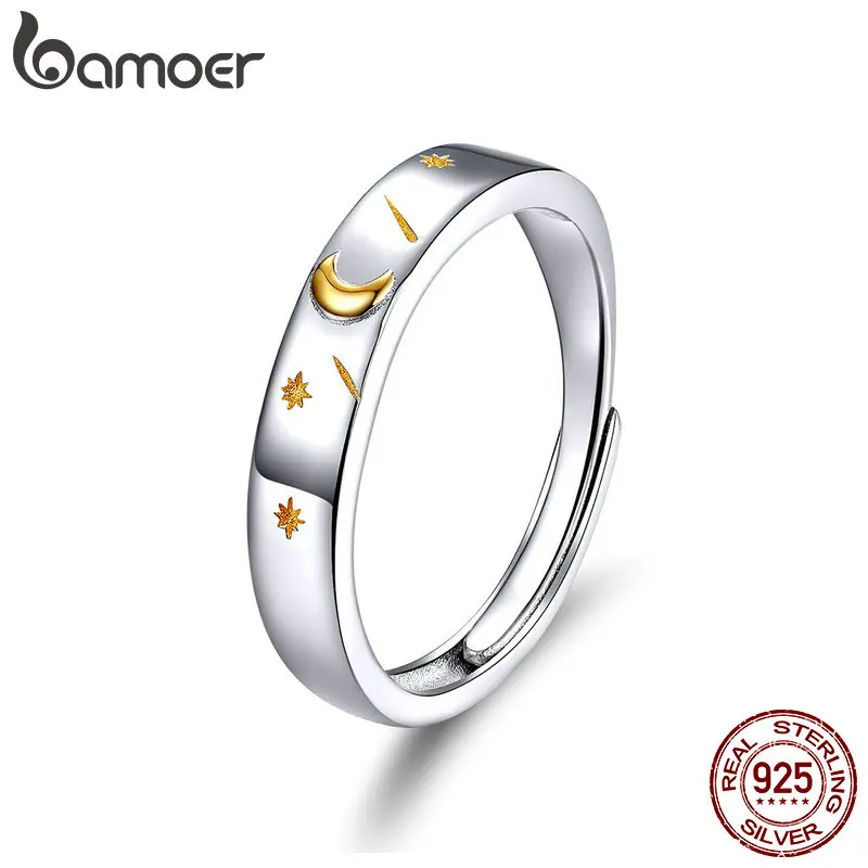 

BAMOER Moon and Star Sterling Silver Real Gold Color Finger Rings for Women Resizable Size 9 Engagement 925 Silver Ring SCR509