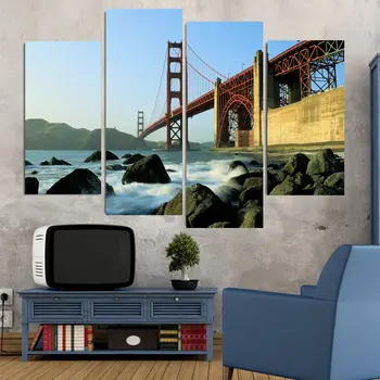 

4 Panel Golden Gate Bridge Large HD Home Decorative Picture Wall Art Print Modern Painting on Canvas for Living Room No Frame
