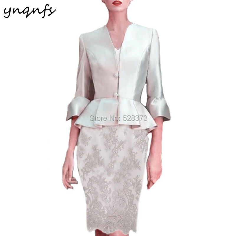 YNQNFS M138 V образным вырезом и рукавом 3/4 Серебро Двойное кружево платье для матери невесты платье с жакетом свадебное платье вечерние платья