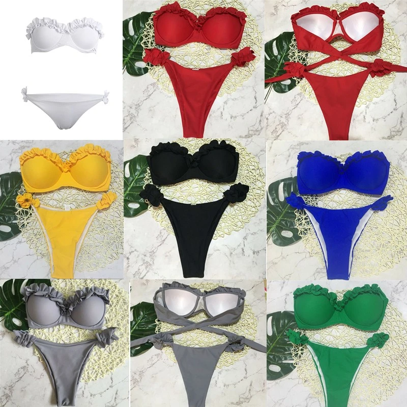

Women Hot sexy Pure color beach Bandeau biquinis two-piece swimming clothes Summer 2019 Padded bra thong bandage Swimsuit Sport