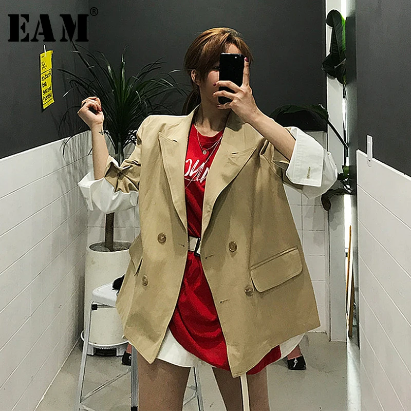 

[EAM] 2019 New Spring Loose Contrast Color Turn-down Collar Single Breasted Long Sleeve Irregular Coat Women Fashion Tide LC086