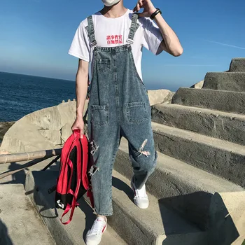 

Spring Men Suspenders wide leg pants Ankle Length Male pocket jean Ripped jumpsuits Male baggy Tooling Distressed Overalls A9230