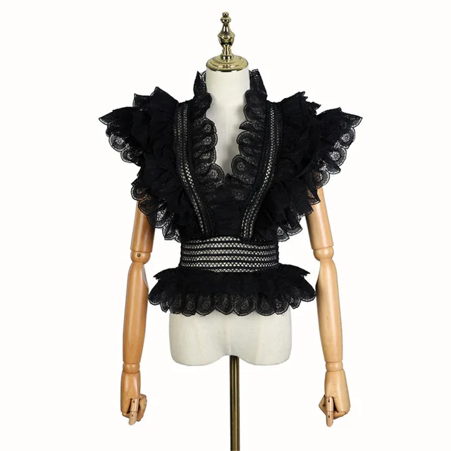 

Sexy V-neck Hollow Out Sleeveless White /pink /black Lace Blouse 2019 Summer V-neck Runway Designer Tops Shirts
