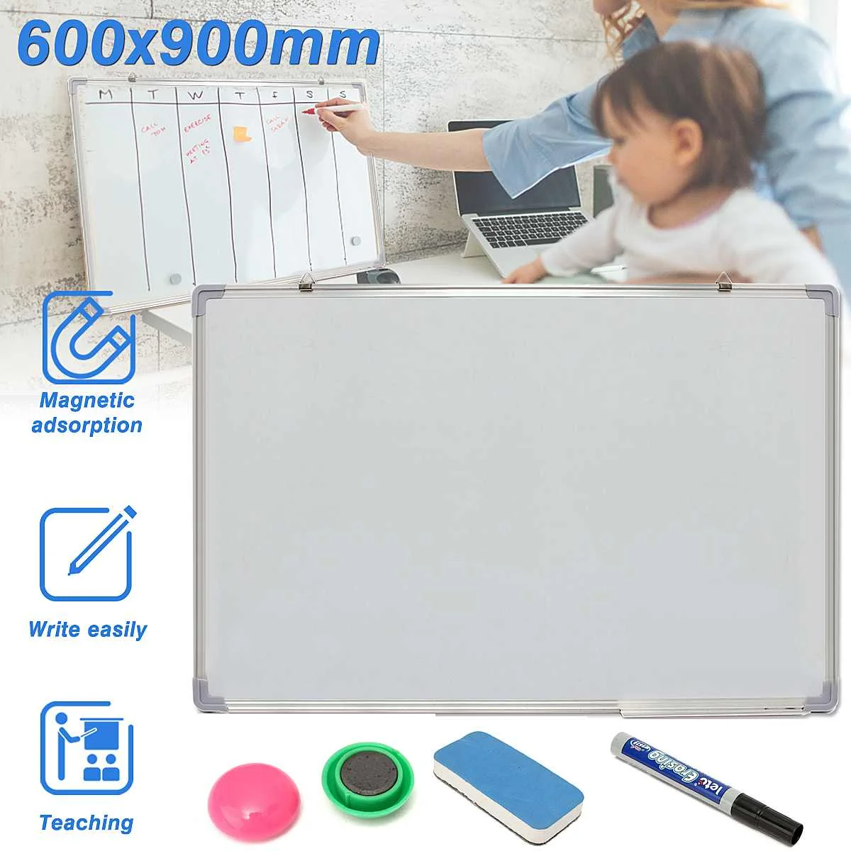 

Kicute 600x900MM Magnetic Dry Erase Whiteboard Writing Board Double Side With Pen Erase Magnets Buttons For Office School