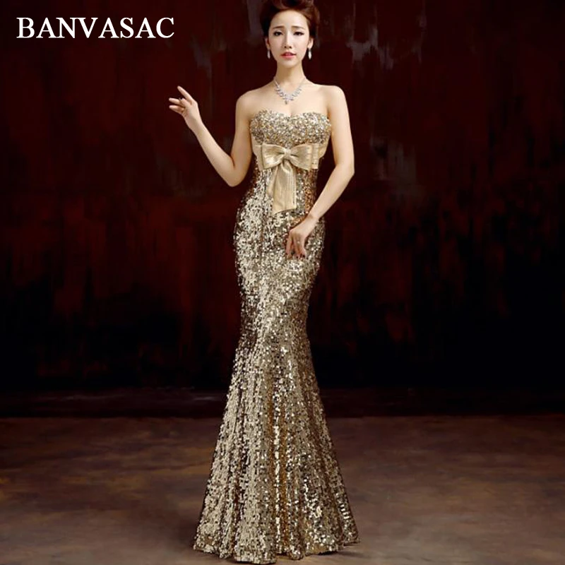 

BANVASAC Strapless Sequined Mermaid Long Evening Dresses Elegant Big Crystal Bow Sexy Backless Party Prom Gowns