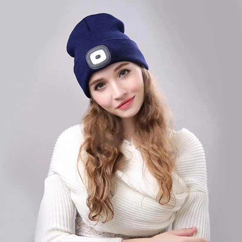 

New Unisex Autumn Winter Outdoor Fishing Running Knitted Beanie Hat LED Light Climbing Pullover Cap For Camping
