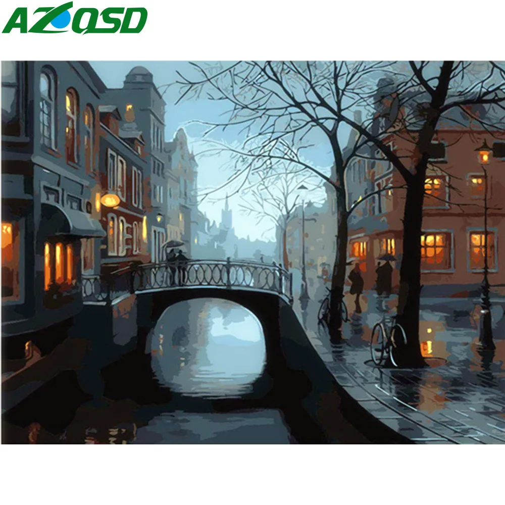 

AZQSD Night Street Landscape DIY Frameless Oil Painting By Numbers City Scenery Picture Canvas Painting For Living Room SZGD148