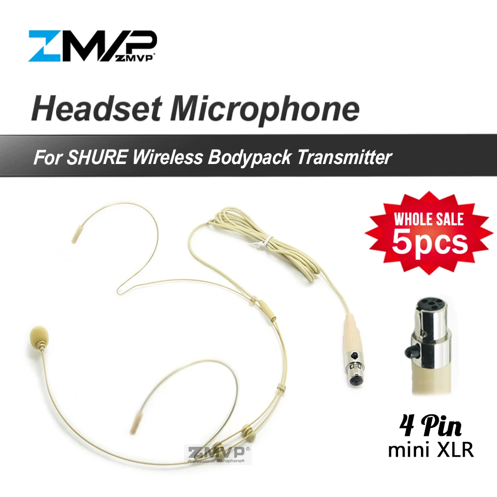 

5pcs/lot Professional 4pin XLR TA4F Headset Headworn Cardioid Condenser Microphone For Shure Wireless Bodypack Transmitter input