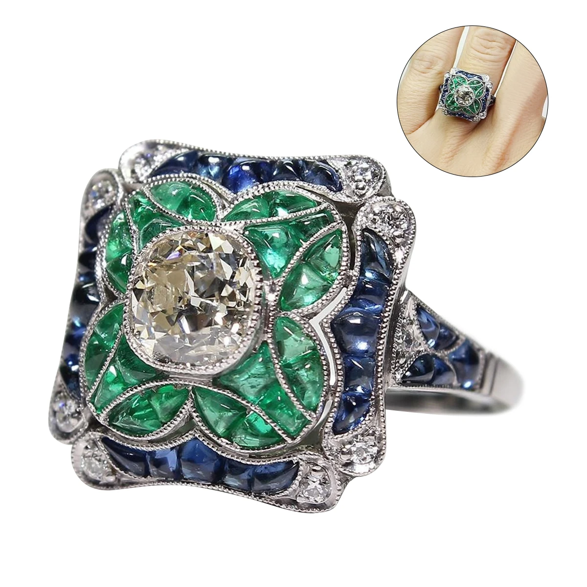 

Fashion 925 Silver Elegant Turquoise Jewelry Zircon Green Ring Woman Marriage Party Wedding Size 6-10