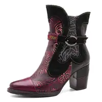 Socofy Retro Printed Cowgirl Ankle Boots Women Spring Patchwork Horsehair Genuine Leather Women Boots Shoes Woman Zipper Booties 2