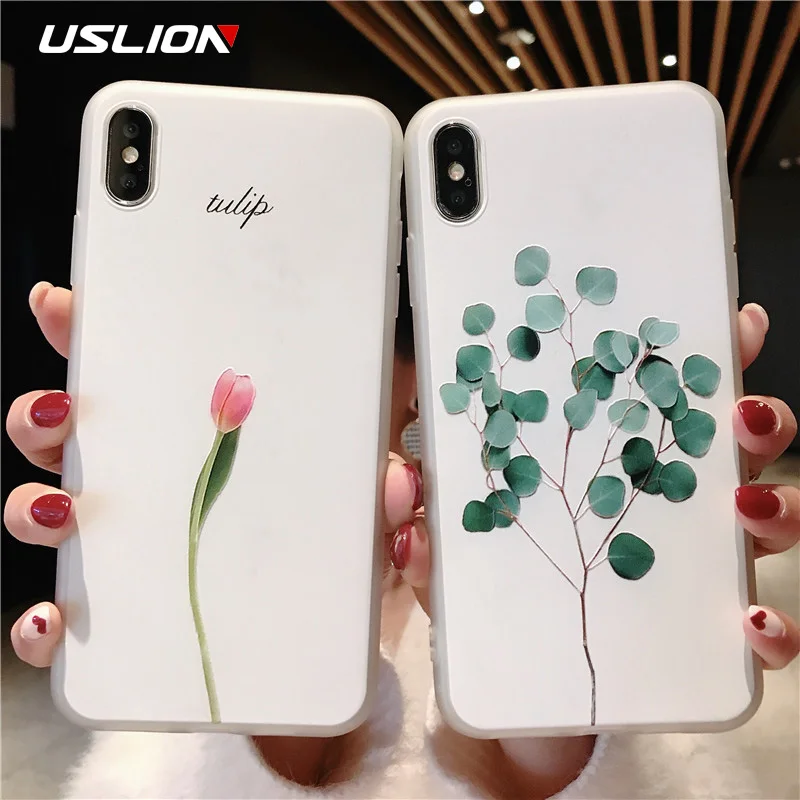 

USLION Floral 3D Leaves Phone Case For iPhone X XS XR Xs Max Soft TPU Rose Tulip Flower Cases Cover For iPhone 6 6s 7 8 Plus