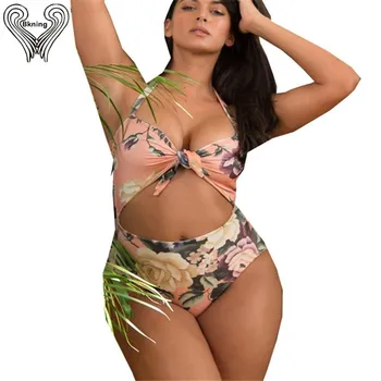 L-XXXL Plus Size Swim Suit Push Up One Piece Swimsuit Knot Tie Front Swimwear Women 2019 Sexy Badpak Fused May Cut Out Monokini