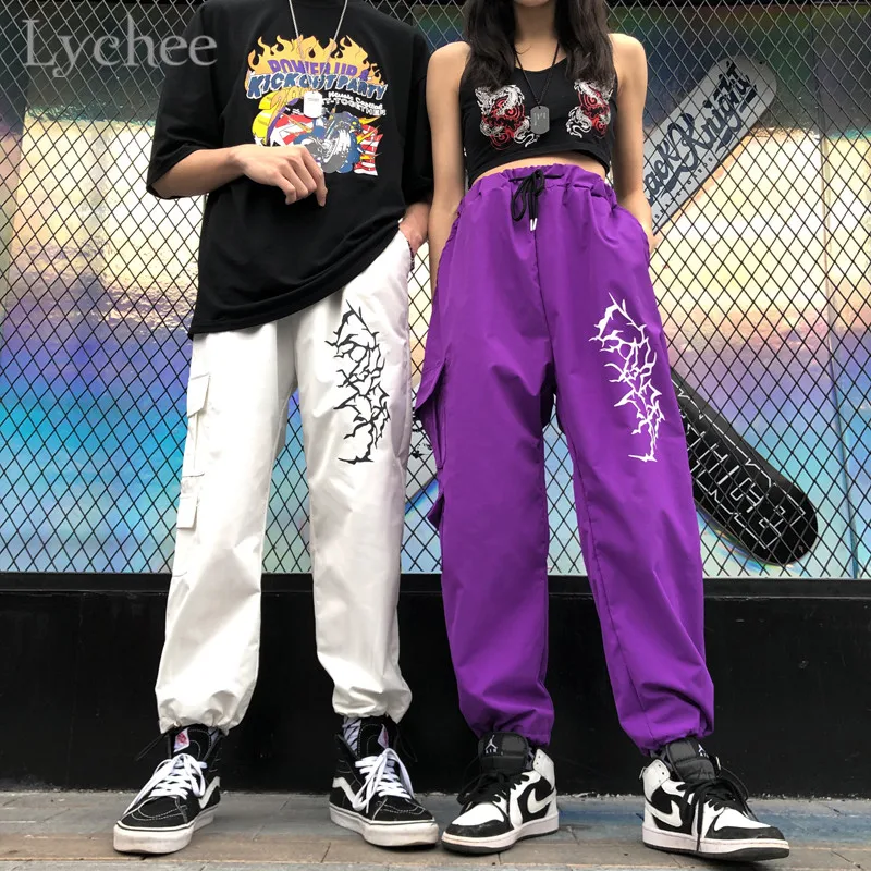 Личи Harajuku Lightning на шнуровке Для женщин брюки эластичные шорты с завышенной талией и карманами Девятый Брюки повседневные свободные штаны