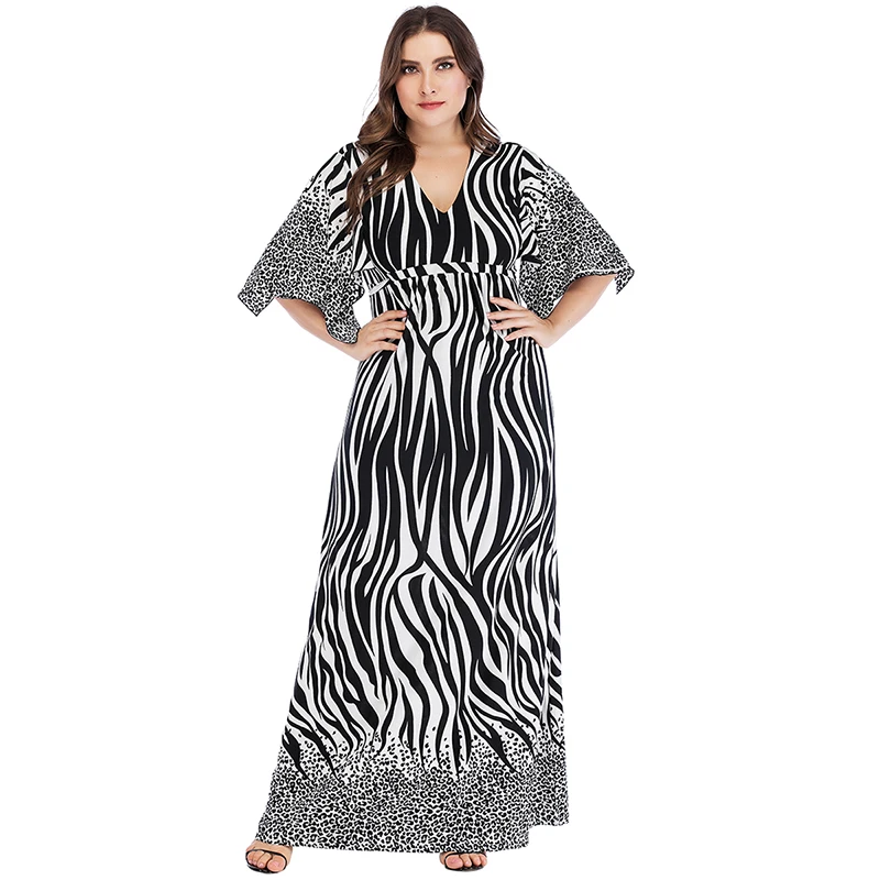 

V-neck Stripe Print Bat Sleeve Belt Splicing Maxi Dress Ankle-length Plus Size 6XL Summer Party Dresses 6xl Vintage Free Linho