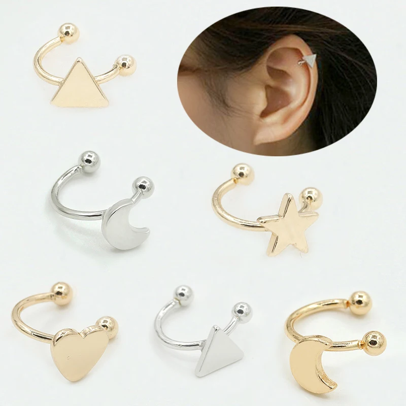 

1PC Triangle New Fashion Small Golden Star Heart Girls Ear Clip No Pierced Earclips Exquesite Moon Left Ear Copper Silver