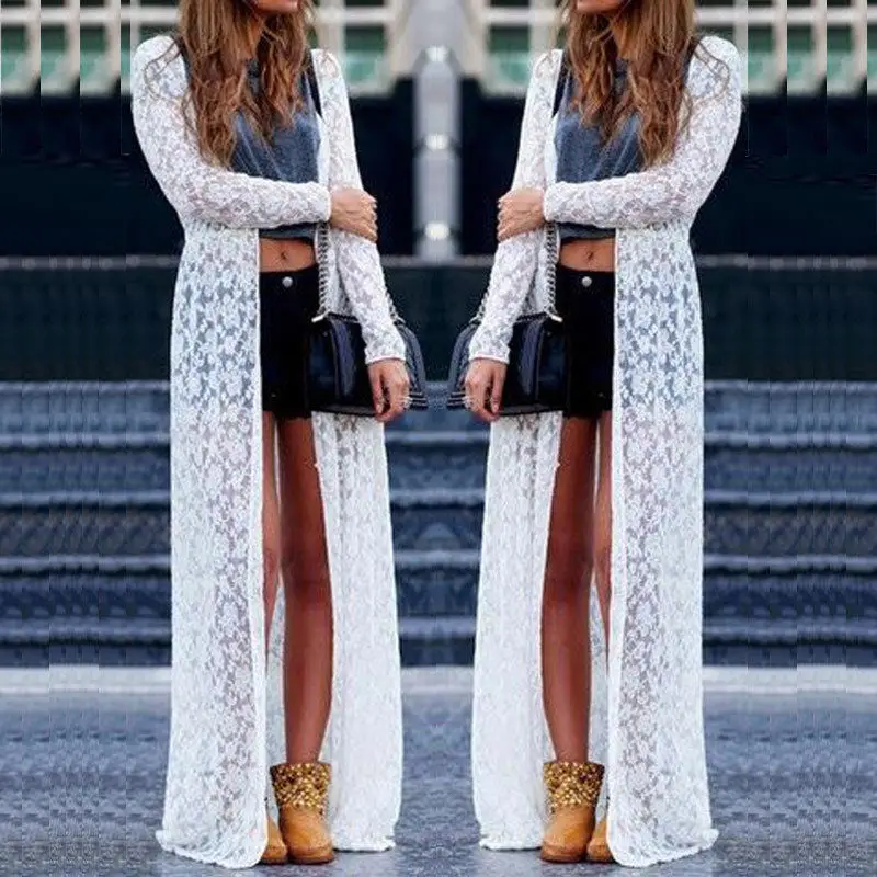 

2019 Hot sale solid sexy summer Women Sheer Lace Bikini Cover-up Summer Cardigan Swimwear Beach Long Dress