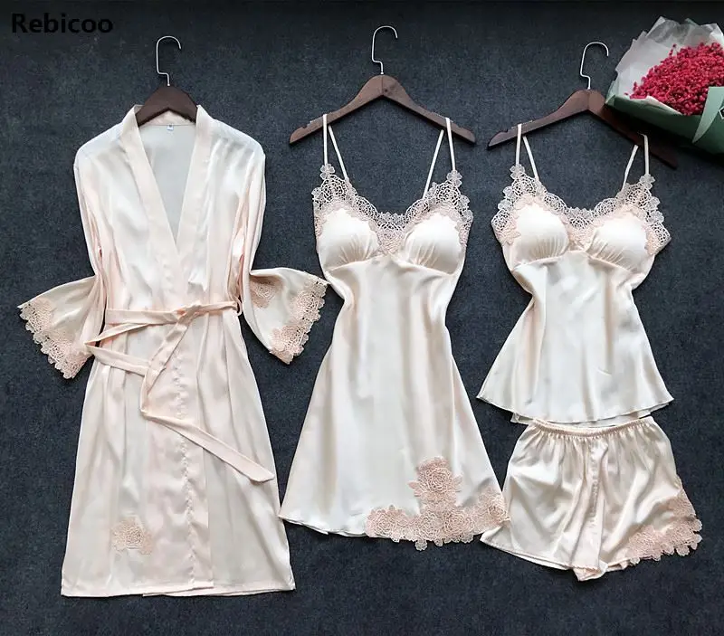 

4 Pieces Women Pajamas Sets Satin Sleepwear Silk Nightwear Pyjama Spaghetti Strap Sleep Lounge Pijama with Chest Pads