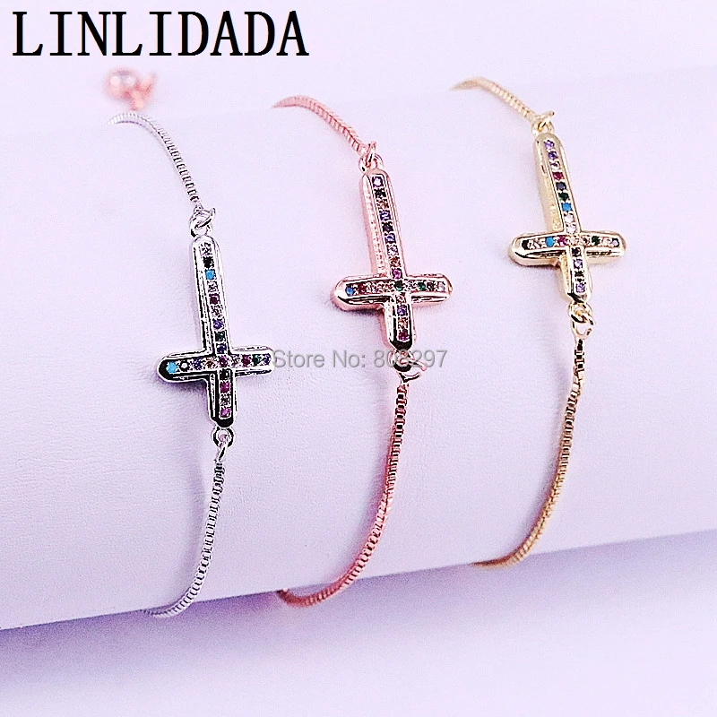

10Pcs Gold/silver/rose gold Cross Connector Bracelet, RainbowCZ Micro Pave Jewelry Charm Bracelets