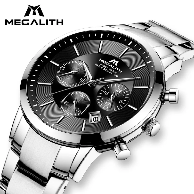 

MEGALITH Luxury Mens Watch Waterproof Stainless Steel Strap Chronograph Analogue Quartz Wrist Watches Relogio Masculino