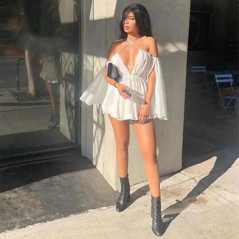 Sexy Off Shoulder Deep V-Neck Beach Junmpsuit Women High Waist Jumpsuit Rompers White Backless Playsuit Overalls