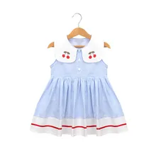 Fashion Embroidery Cherry Turn-down Collar Sleeveless Striped Dress Cotton Infant Princess Toddler Baby Girls Clothes Dresses Fashion Embroidery Cherry Turn-down Collar Sleeveless Striped Dress Cotton Infant Princess Toddler Baby Girls Clothes Dresses