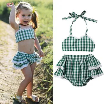 

Newborn Kids Baby Girls clothes sleeveless strap Geometry backless Tops Ruffle Plaid Shorts 2pc cotton Toddler summer Outfits