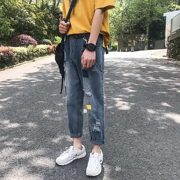 

Summer New Jeans Men Slim Fashion Hole Patch Casual Denim Pants Man Streetwear Trend Wild Hip Hop Trousers Male Clothes