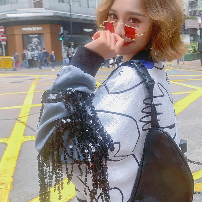 Hd395 2019 White Nouveau Manteau Veste Sequin Printemps cou Glands Blouse Longues O Lâche À Femme Shengpalae Chic Imprimer Manches Femmes HqUHdE