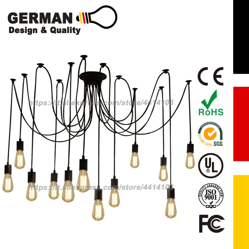 

Vintage Edison Multiple Ajustable DIY Ceiling Spider Lamp Light Pendant Lighting ( 3/6/8/10/12/14 head cable 180cm/70inch each)