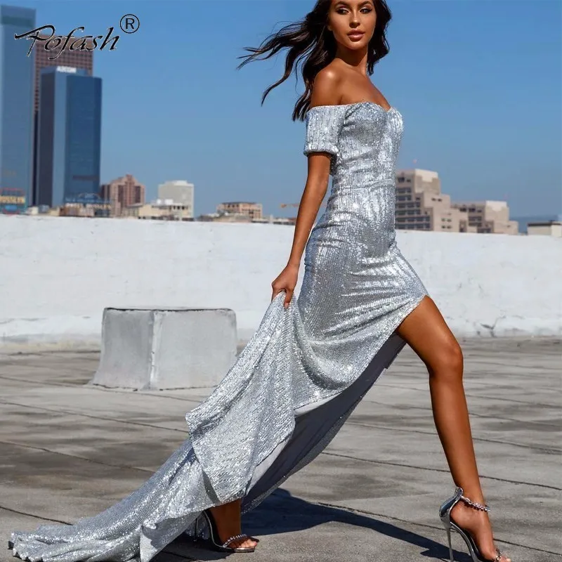 

POFASH Women Summer Long Dress Slash Neck Sexy Split Party Dress Bodycon Sequin Off The Shoulder Maxi Sexy Dress Club Vestidos
