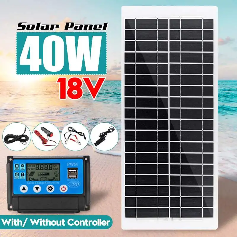 

40W 18V USB Solar Panel Waterproof Solar Cell with Car Charger + 10/20/30/40/50A Controller for Outdoor Camping Emergency Light