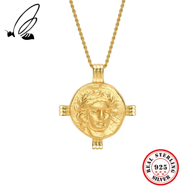 

100% 925 Sterling Silver For Corners Vintage Figure Pendant Necklace Gold Creative Texture Elegant Female Jewelry