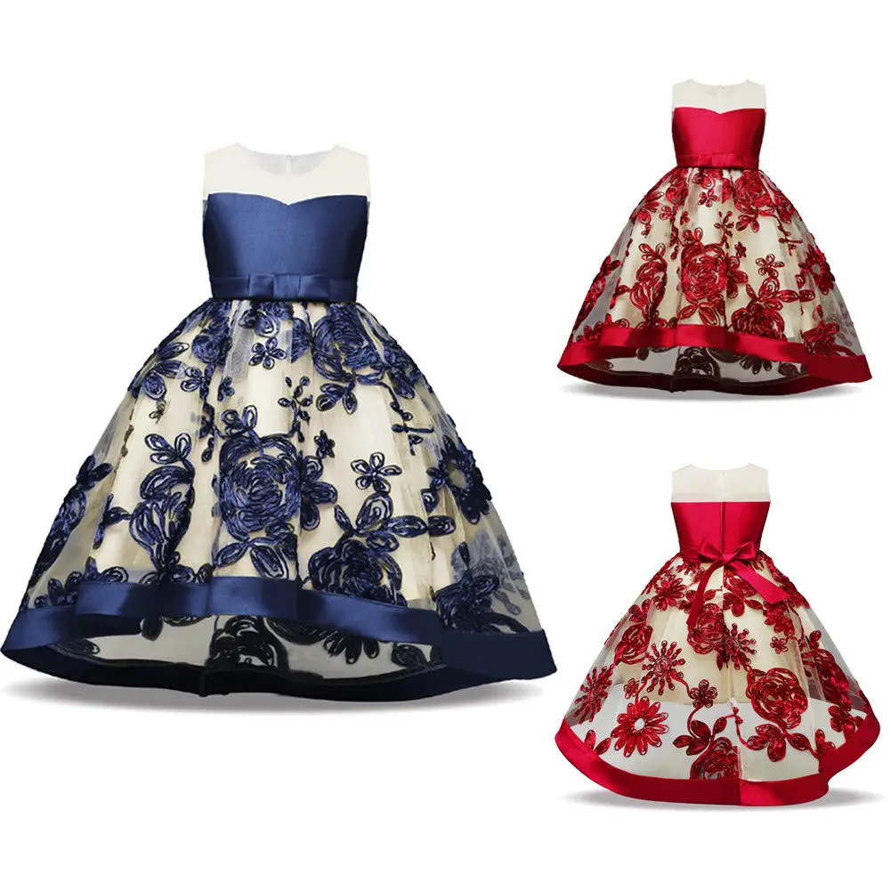 

Xmas Princess Formal Birthday Party Dress Sleeveless Flowers Lace Bowknot Ankle-Length Tutu Dress Outfit 3-8Y