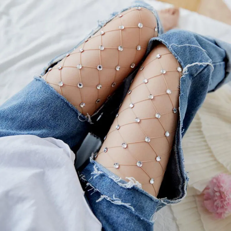 

2019 Sexy Diamond Womens Fishnet Tights Mesh Pantyhose Rhinestone Nylons Lady Stockings Shiny pantyhose Collant Hosiery Fish Net