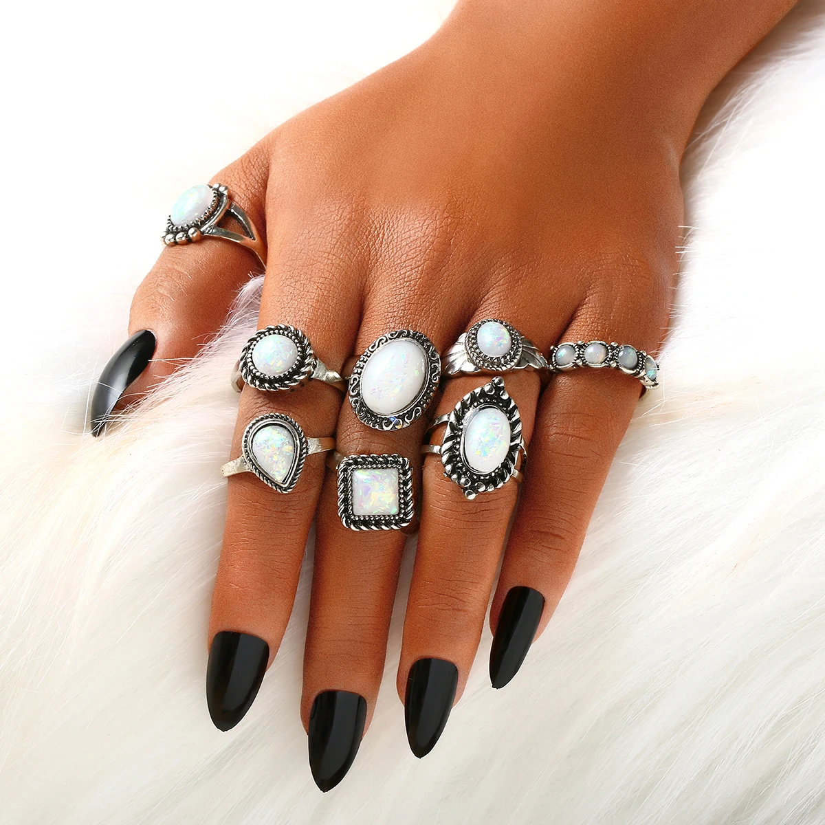 8PCS/Set Retro Ethnic Fire Opal Finger Ring For Women Punk