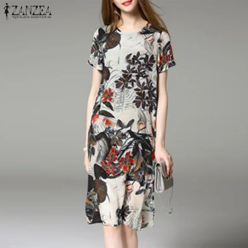 

ZANZEA Summer Women Vintage Floral Printed Short Sleeve Dress Casual Loose Female Robe Sundress Plus Size Split Hem Midi Vestido