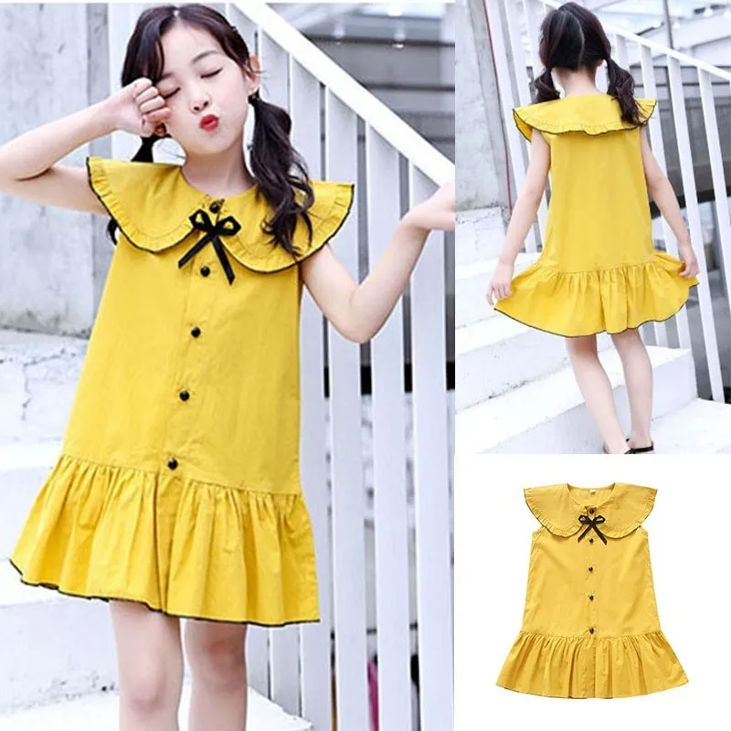 Yellow Ruffles Summer Dresses For Teenage Girls Cotton Sleeveless Peter Pan Collar toddler Dress Kids Sundress Children Clothing | Детская