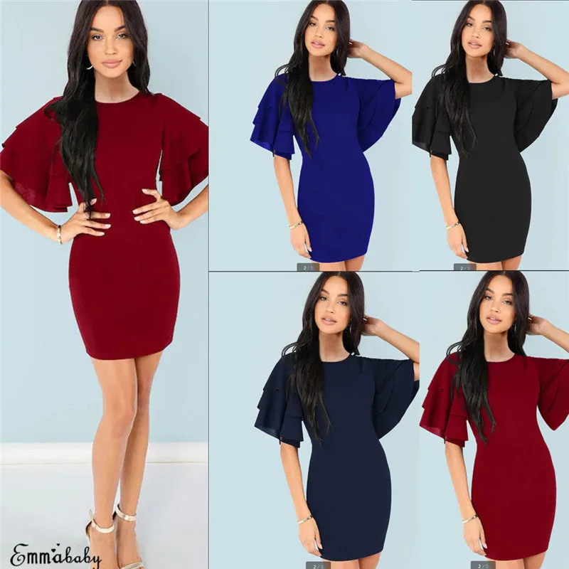

Fashion Casual Slim Solid Women Bandage Bodycon Short Bell Sleeve Party Cocktail Club Mini Dress Pullover Summer Clothes