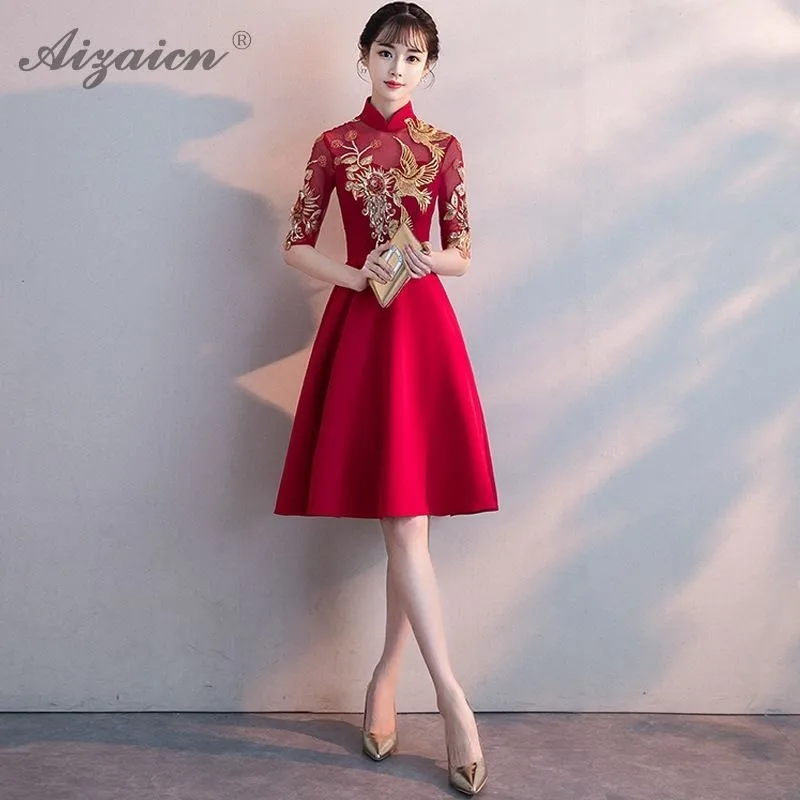 Красного цвета для невесты Cheongsam современный вышивка Qi Pao женщин в традиционном