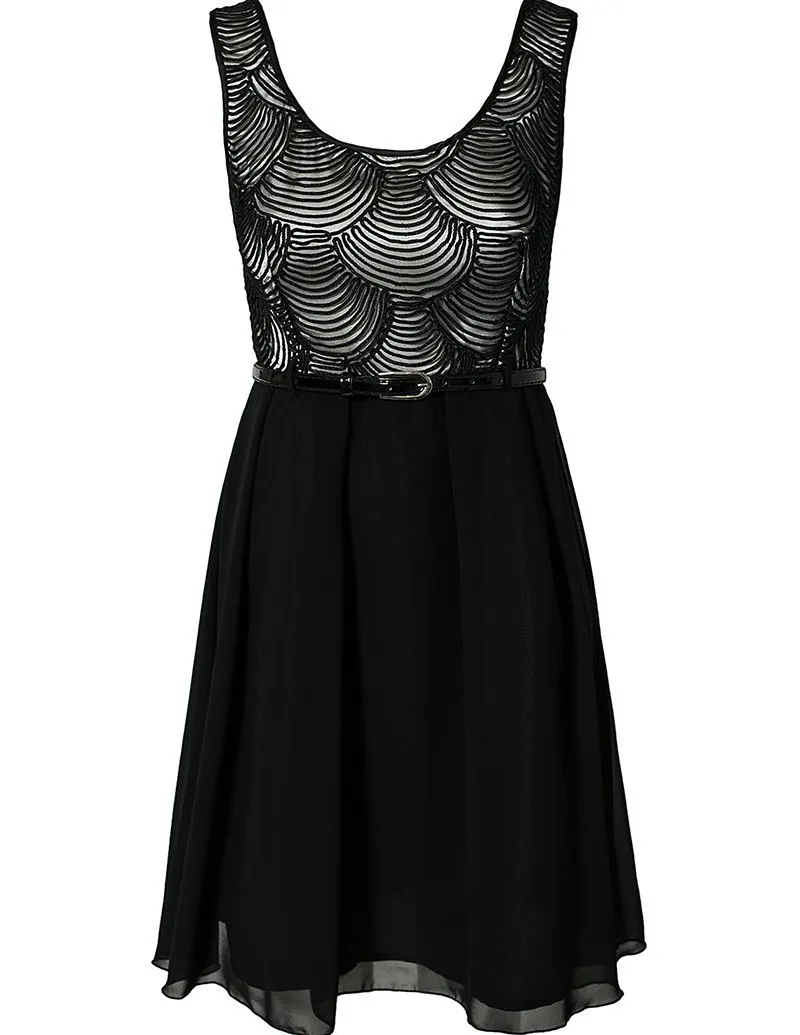 IDress Free Shipping New Women Sexy Black and White Print Dress Sleeveless One Piece Dress with Belt Casual Chiffon Swing Dress (3)