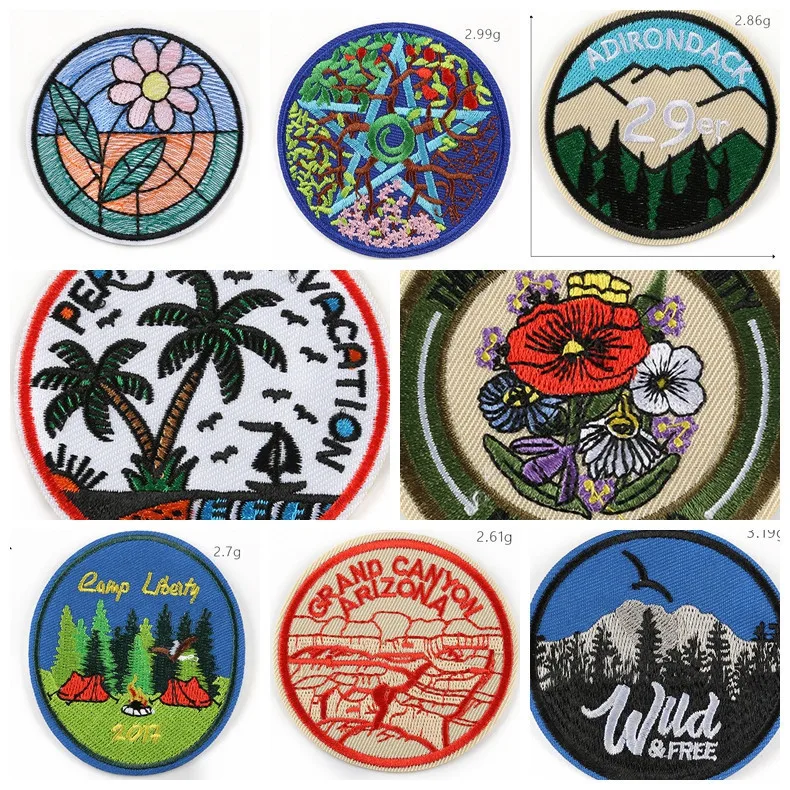 

1PCS Creative Camping Round Badges Punk Coconut tree Appliques Iron On Clothes Bags Shoes Decor Diy abstract Badges Parches