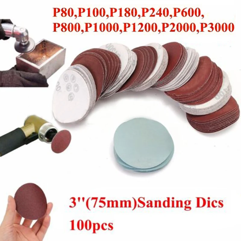 

100pcs 75mm 3 Sanding Discs Pads 80-3000 Mix Orbital Sander Hook Loop Sandpaper