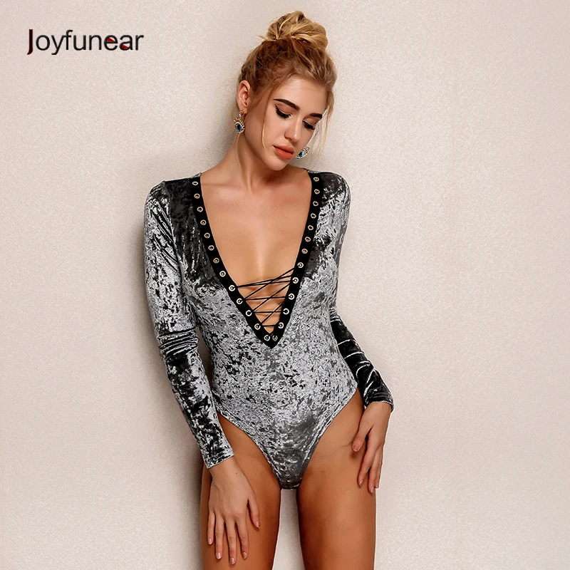 

Joyfunear Sexy Womens Velvet Skinny Long Sleeve Elegant Jumpsuit Romper Ladies Front Plunge Lace up Bodysuit Velvet Leotard