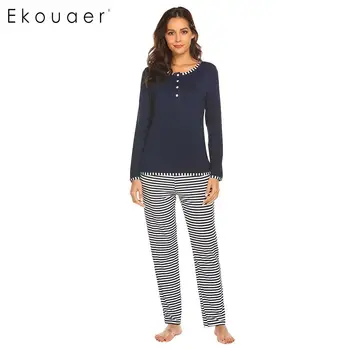 

Ekouaer Long Pajamas Set Nightwear Women Long Sleeve Striped O Neck Tops And Long Pants Sleepwear Pajama Female Two Piece Set