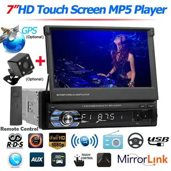 

7 inches Car Radio Stereo 1 Din Retractable Screen Reverse Cam Stereo RDS FM GPS Navigation Touch Screen Bluetooth Mirror Link