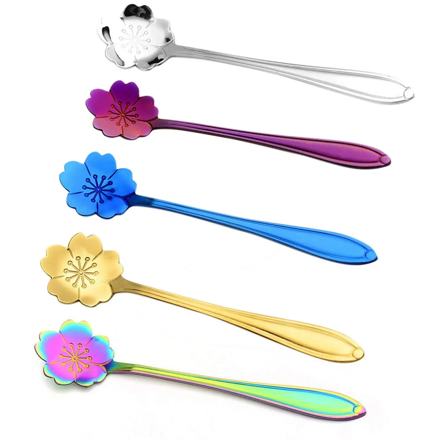 

5 PCS Assorted Colors Cherry Flower Spoon Set Stainless Steel Coffee Tea Mixing Spoon Teaspoon Sugar Yogurt Spoon